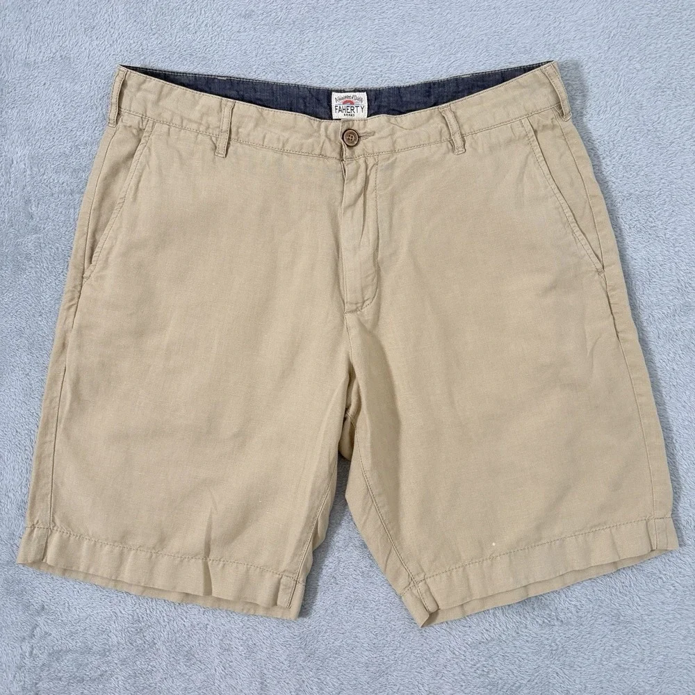 Faherty Shorts Mens 33 Beige Linen Blend Flat Front 9